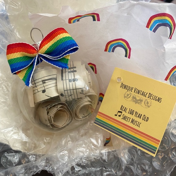 Rainbow Antique Sheet Music Glass Christmas Ornament - Picture 2 of 3